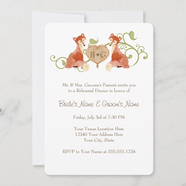 Woodland Animal Creatures, Fox n Vines Weddings Invitation (Front)