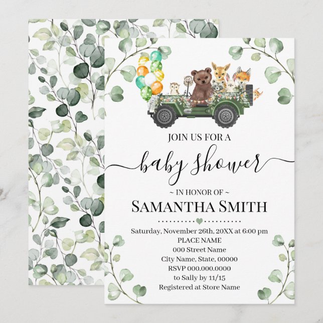 Woodland Animal Drive Through Baby Shower Invitation (Front/Back)