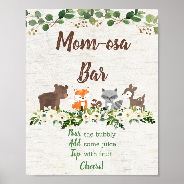 Woodland Animal Floral Mimosa Bar Baby Shower Poster (Front)