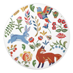 Woodland Animal Flower Rustic Folk Art Colourful Ceramic Knob