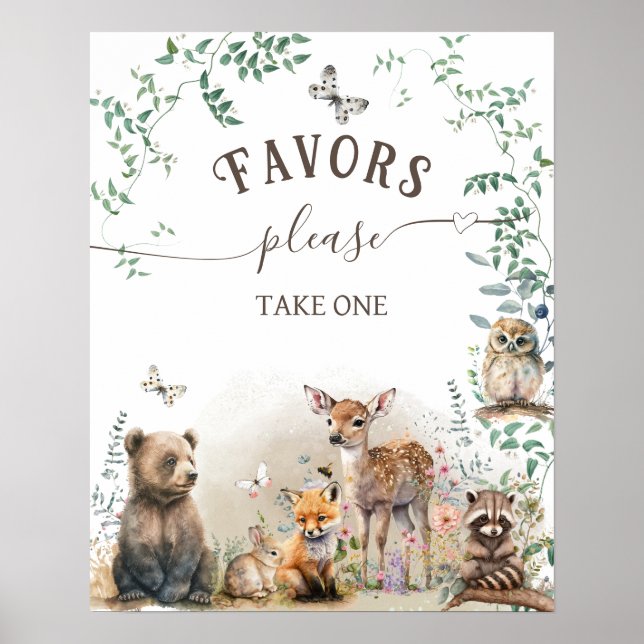 Woodland animal forest greenery Baby Shower favors Poster (Front)