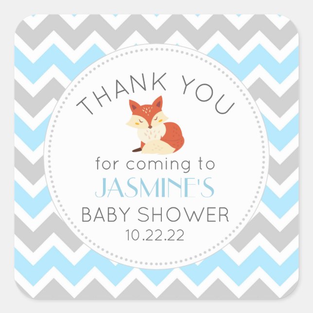 Woodland animal Fox blue baby shower favour Square Sticker (Front)