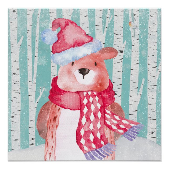 Woodland Animal Friends in Winter Forest- Bear Poster (Front)