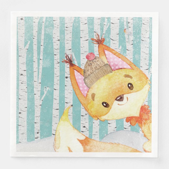 Woodland Animal Friends in Winter Forest-Fox Napkin (Front)