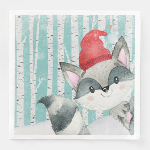 Woodland Animal Friends in Winter Forest- Racoon Napkin