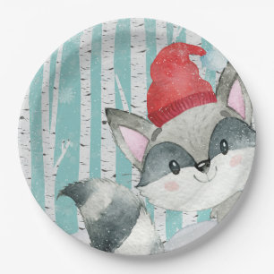 Woodland Animal Friends in Winter Forest- Racoon Paper Plate