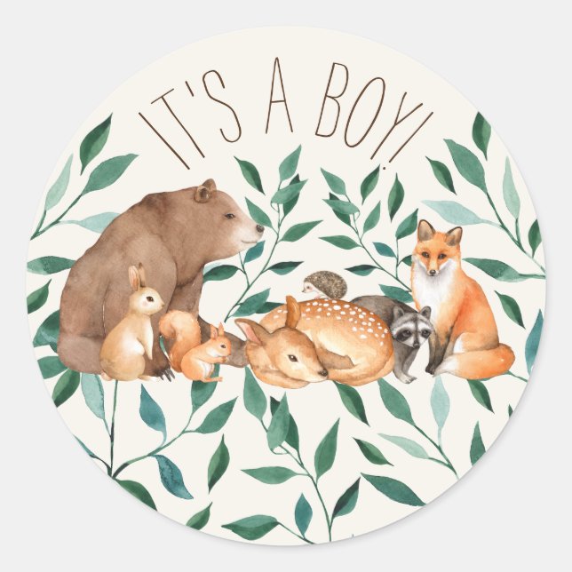 Woodland Animal Friends It's A Boy Classic Round Sticker (Front)