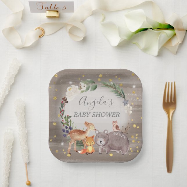 Woodland Animal Friends Sparkle Baby Shower Paper Plate (Wedding)