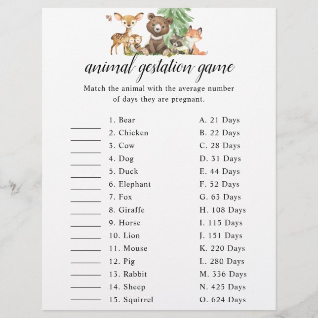 Woodland Animal Gestation Game Baby Shower Flyer (Front)