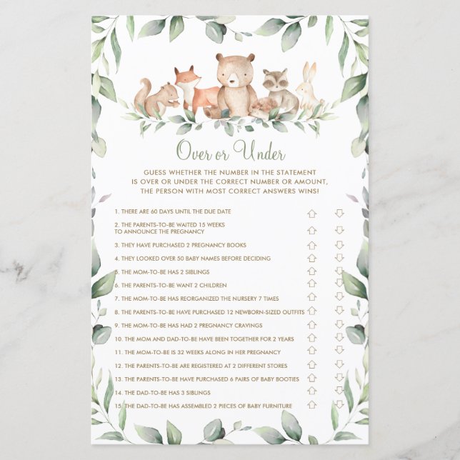 Woodland Animal Greenery Shower Over or Under Game (Front)