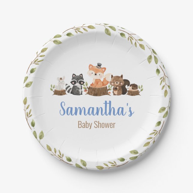 Woodland Animal Greenery Watercolor Baby Shower Paper Plate (Front)