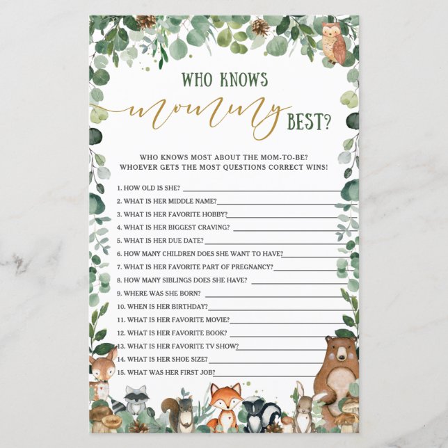 Woodland Animal Greenery Who Knows Mommy Best Game (Front)