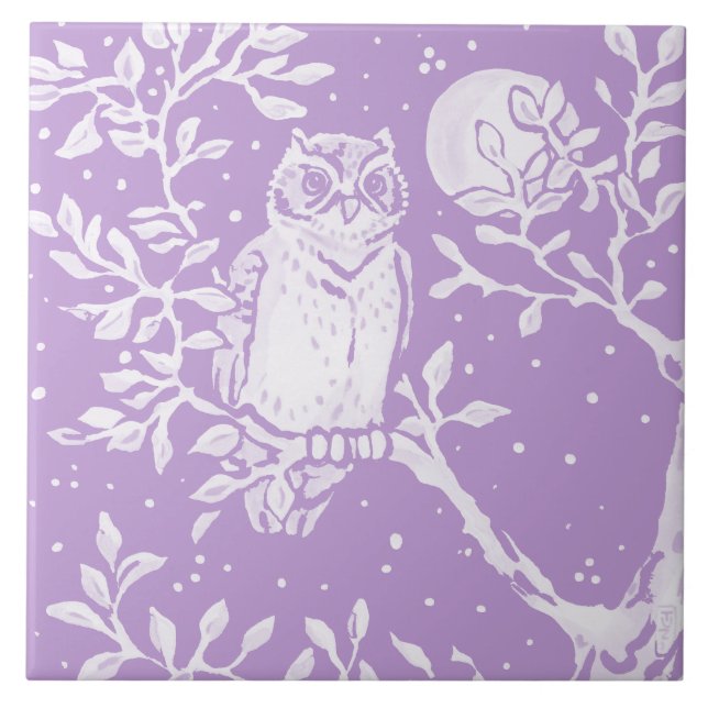 Woodland Animal Owl in Tree Moon Night Nature Tile (Front)