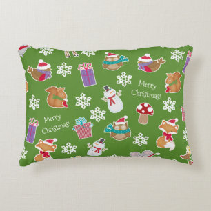 Woodland Animal Pattern Green Merry Christmas Accent Pillow