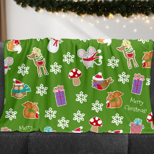 Woodland Animal Pattern Green Merry Christmas Fleece Blanket
