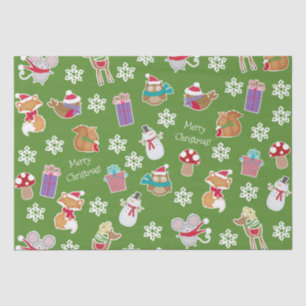 Woodland Animal Pattern Green Merry Christmas Tissue Paper