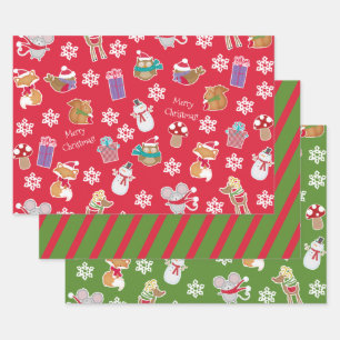 Woodland Animal Pattern Red Green Merry Christmas Wrapping Paper Sheet