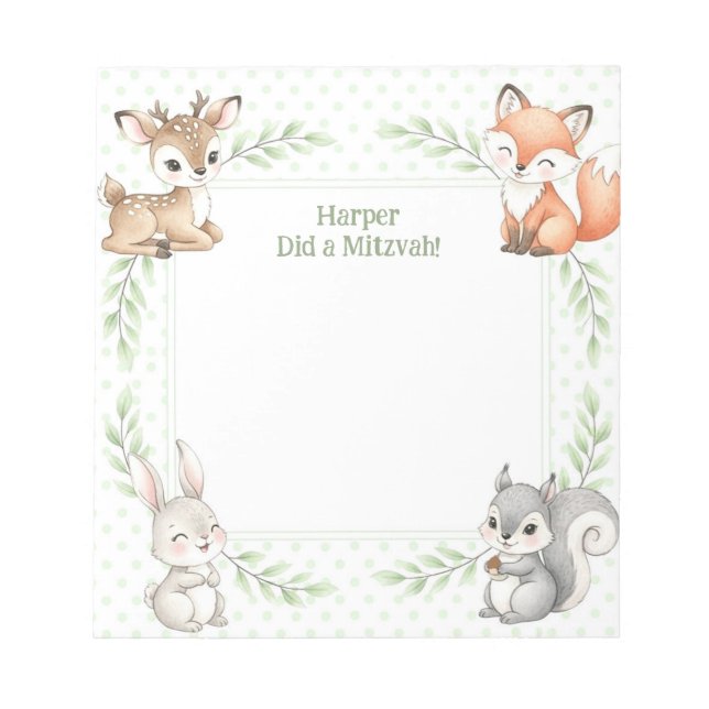 Woodland Animal Personalized Mitzvah Notes Notepad (Front)