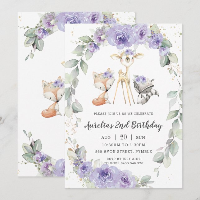 Woodland Animal Purple Floral Greenery Birthday Invitation (Front/Back)