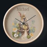 Woodland Animal Rustic Bunny Name Nursery  Clock<br><div class="desc">Cute bunny rabbit woodland animals with floral accents all around on a faux rustic background Add your choice of name. Adorable 100% customer satisfaction with Zazzle every day.</div>