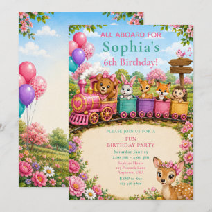Woodland Animal Train 6th Birthday Party Invitation