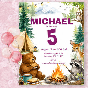 Woodland Animal Watercolor Camping Birthday Party  Invitation