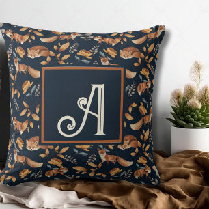 Woodland Animal Watercolor Fox Pattern Monogrammed Throw Pillow