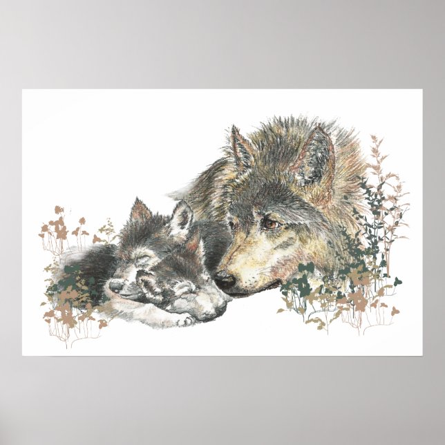  Woodland Animal Watercolor Wolf Mom Cubs Poster (Front)