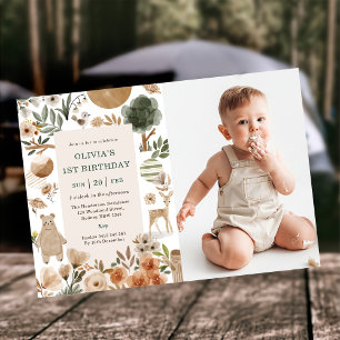 Woodland Animals 1st Birthday Party  Invitation