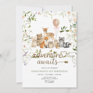 Woodland Animals 1st Birthday   Rustic Forest Invitation