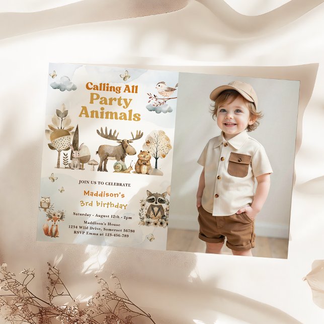 Woodland Animals 3rd Birthday Party  Photo Invitation (Creator Uploaded)