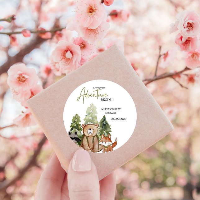 Woodland Animals Adventure Baby Shower Classic Round Sticker (Creator Uploaded)