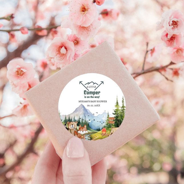 Woodland Animals Adventure Camper Baby Shower Classic Round Sticker (Creator Uploaded)