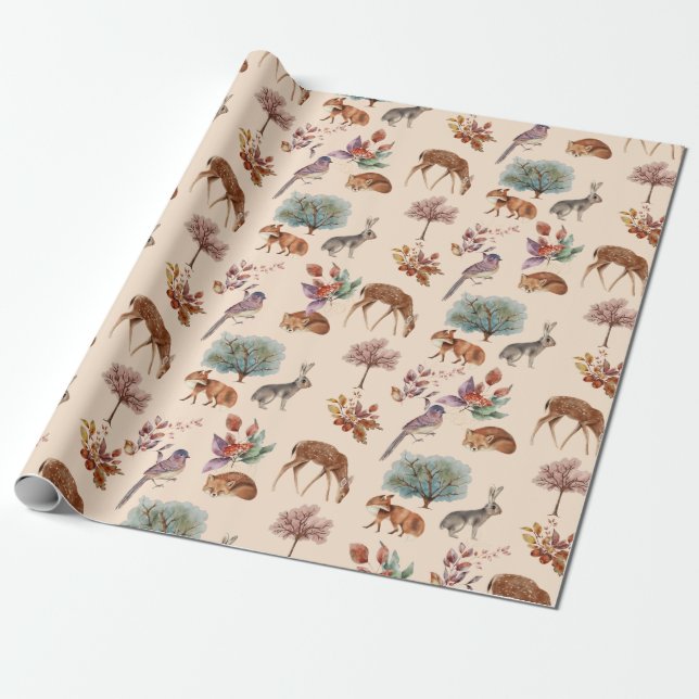 Woodland Animals and Birds Tan Background Wrapping Paper (Unrolled)