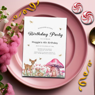 Woodland Animals and Fairy Mushrooms 4th Birthday Invitation