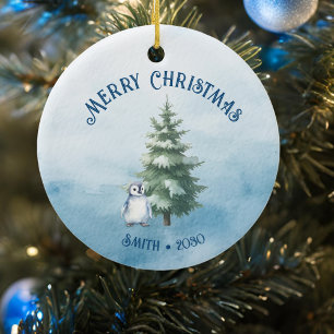 Woodland Animals and Penguin Blue Christmas Ceramic Ornament