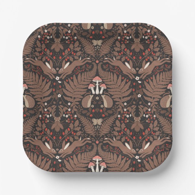 Woodland animals and plants in red and brown paper plate (Front)