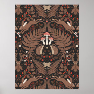 Woodland animals and plants in red and brown poster