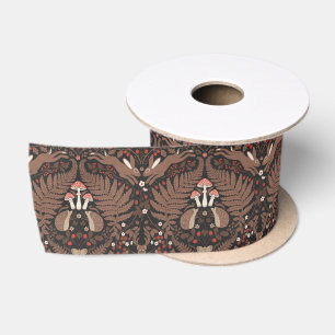 Woodland animals and plants in red and brown satin ribbon