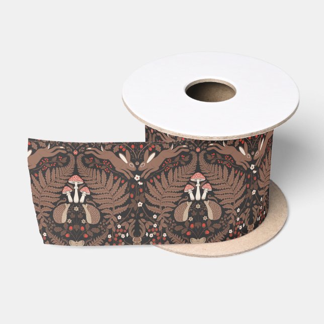 Woodland animals and plants in red and brown satin ribbon (Spool)