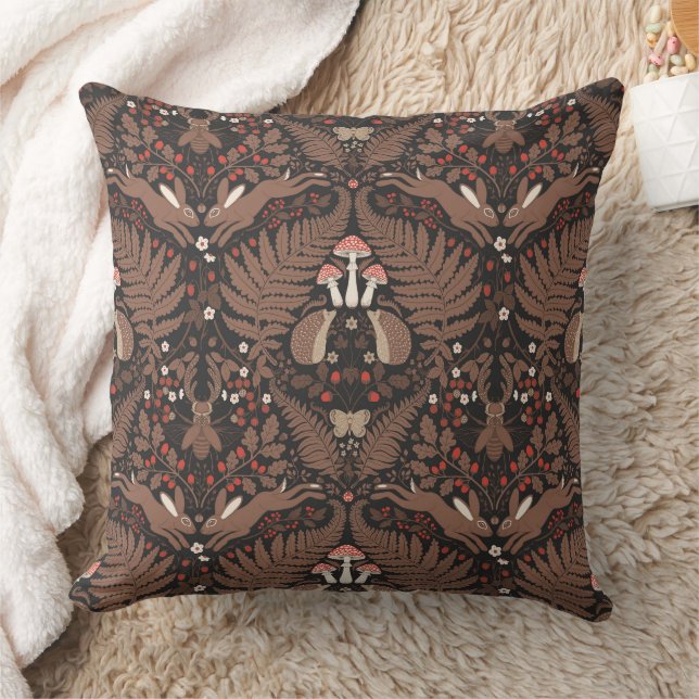 Woodland animals and plants in red and brown throw pillow (Blanket)