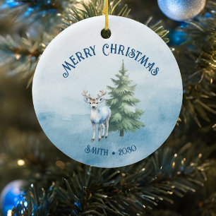 Woodland Animals and Reindeer Blue Christmas Ceramic Ornament