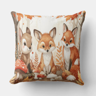 Woodland Animals Autumn - Fox Deer Rabbit Owl Mush Throw Pillow
