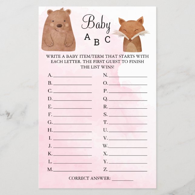 Woodland Animals Baby ABC Shower Game card (Front)