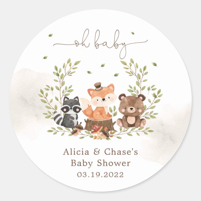 Woodland Animals Baby Boy Shower Invitation Classic Round Sticker (Front)