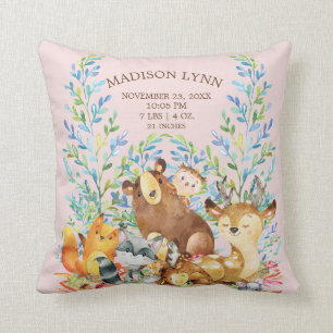 Woodland Animals Baby Girls Birth Stats Coussin