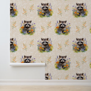 Woodland Animals Baby Raccoon Wild Flowers Cream  Wallpaper