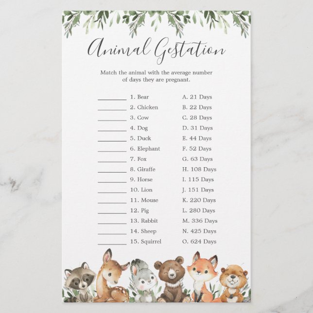 Woodland Animals Baby Shower Animal Gestation Game (Front)