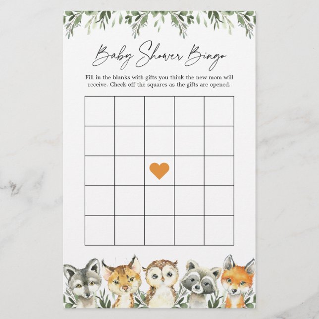 Woodland Animals Baby Shower Bingo Game (Front)