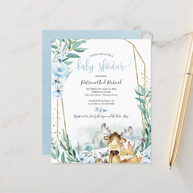 Woodland Animals Baby Shower Budget Invitations (Front/Back In Situ)